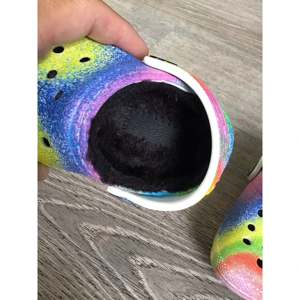 Crocs Baby Girls Size 4 C4 Rainbow Clogs Black Lined Shoes Slip On 208095